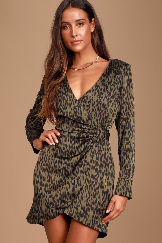 Chic Olive Green Dress - Leopard Print ...